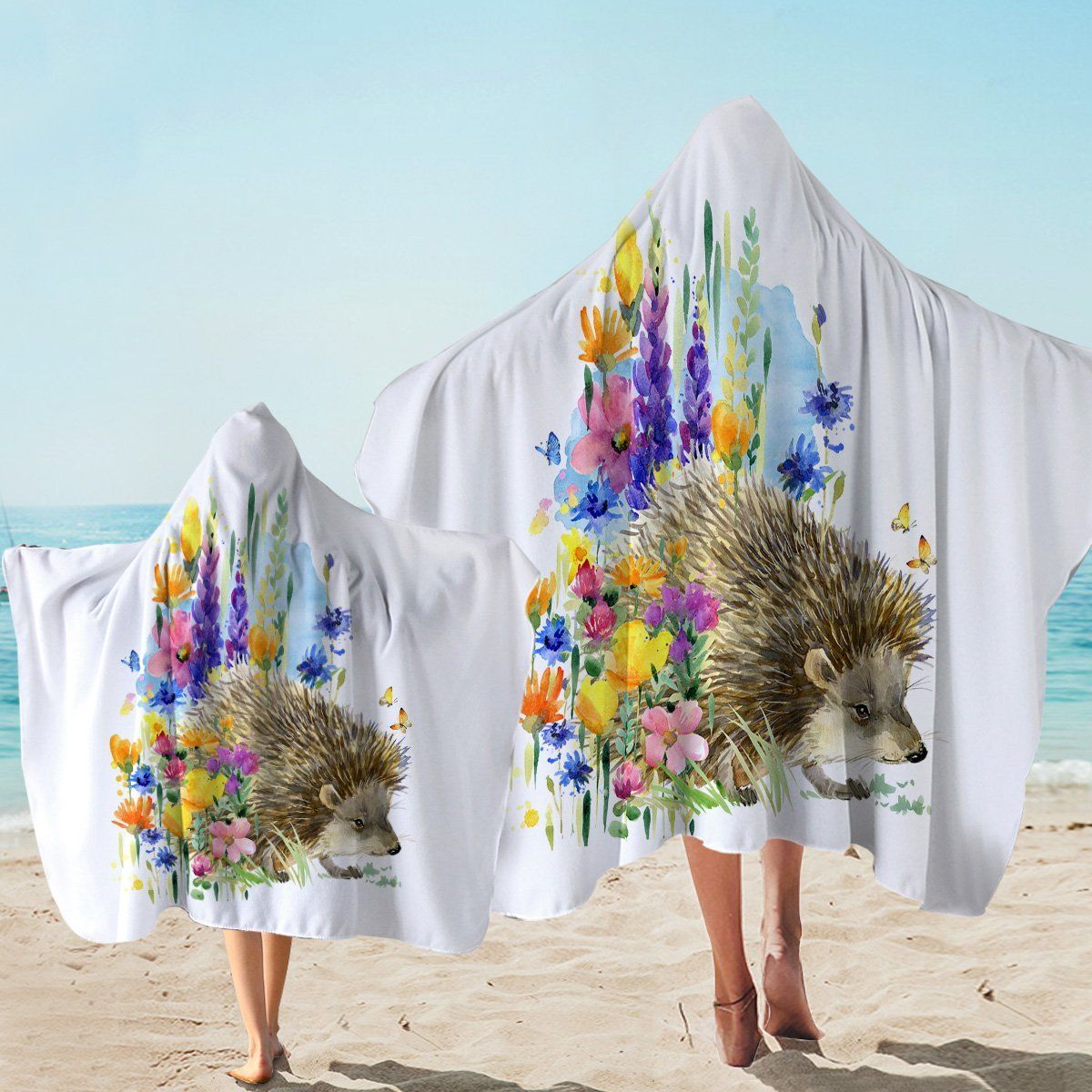 Painted Garden Hedgehog On White Printed Hooded Towel