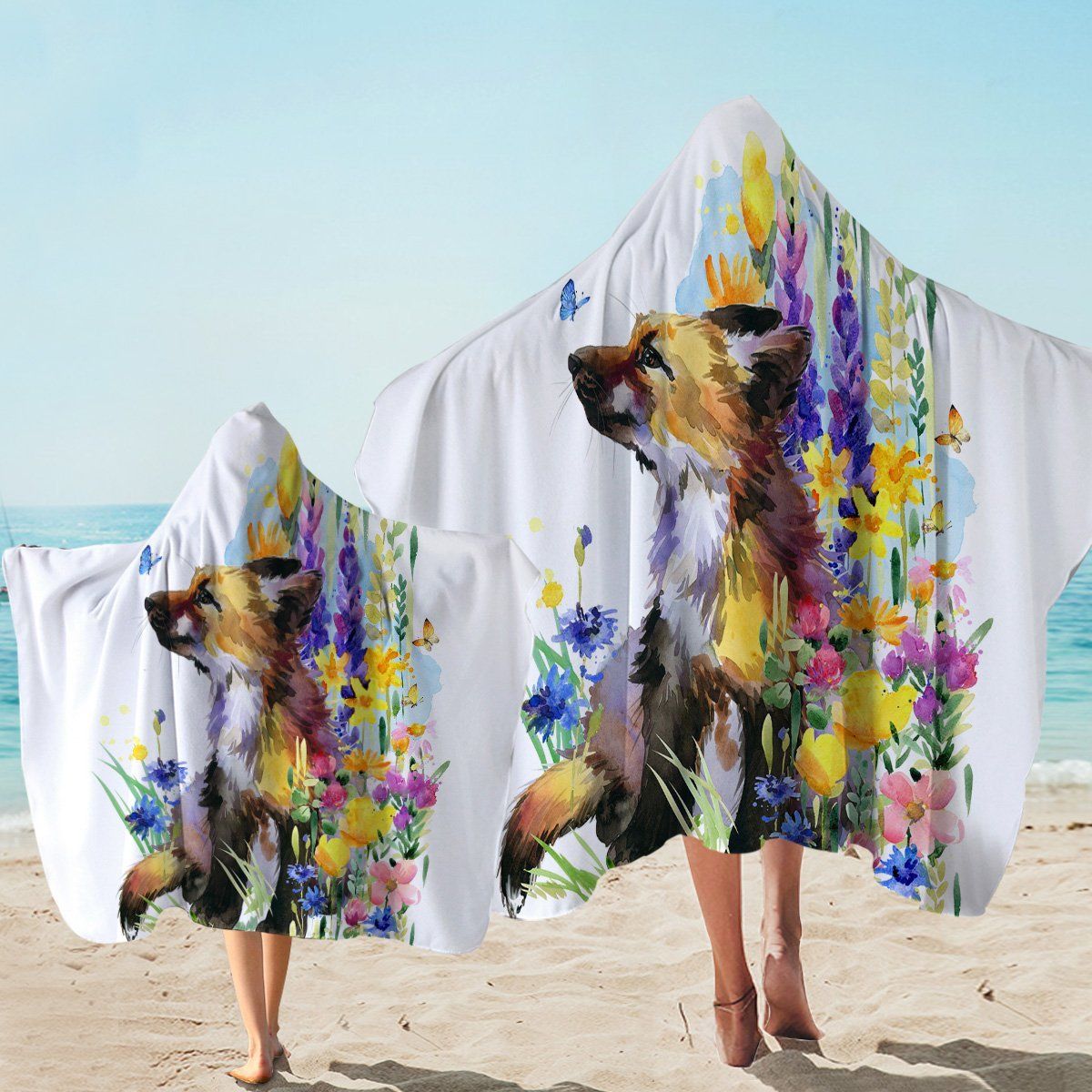 Painted Garden Puppy On White Printed Hooded Towel