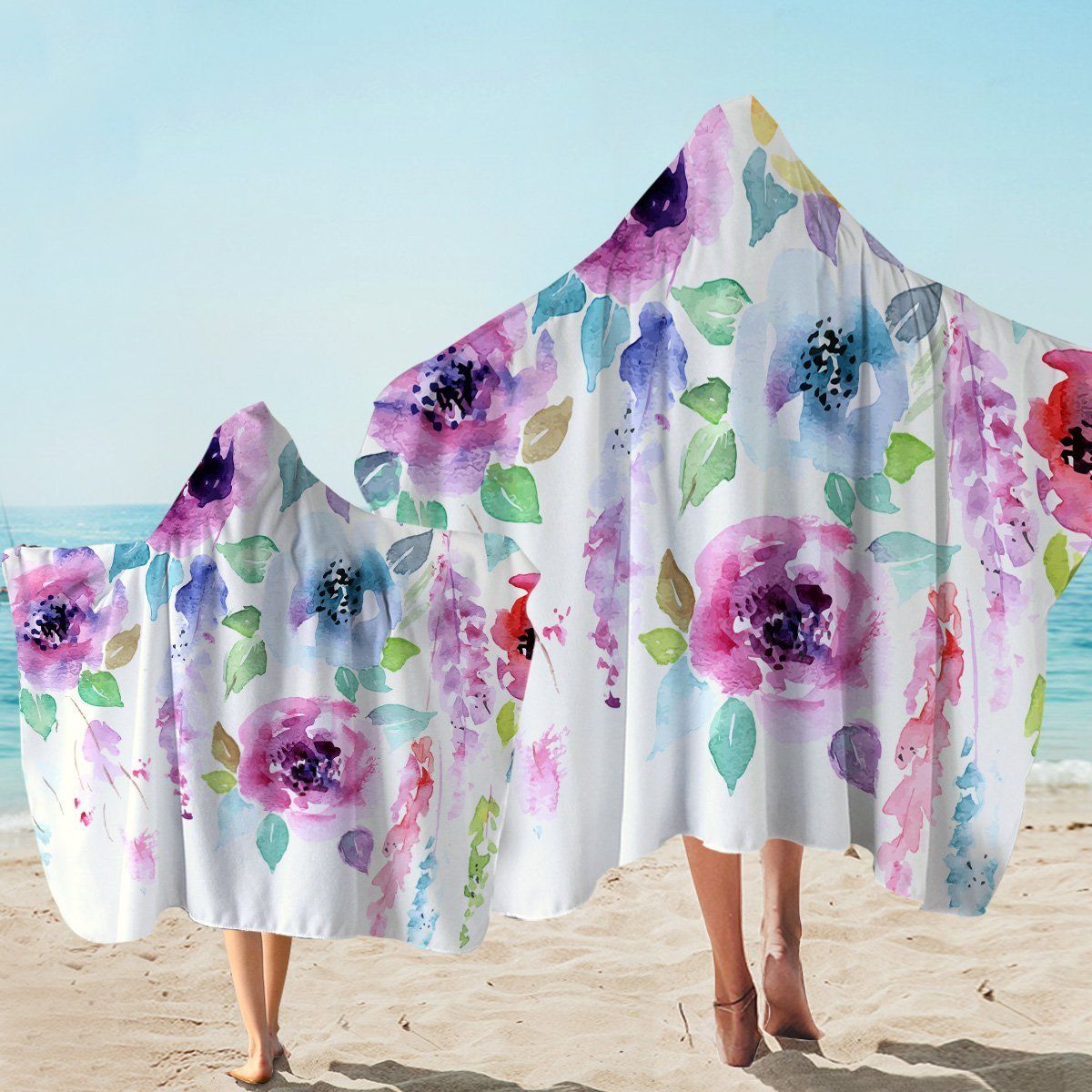 Painted Purple Flower Printed Hooded Towel