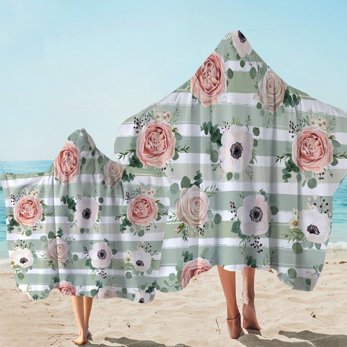 Painted Roses Stripes Printed Hooded Towel