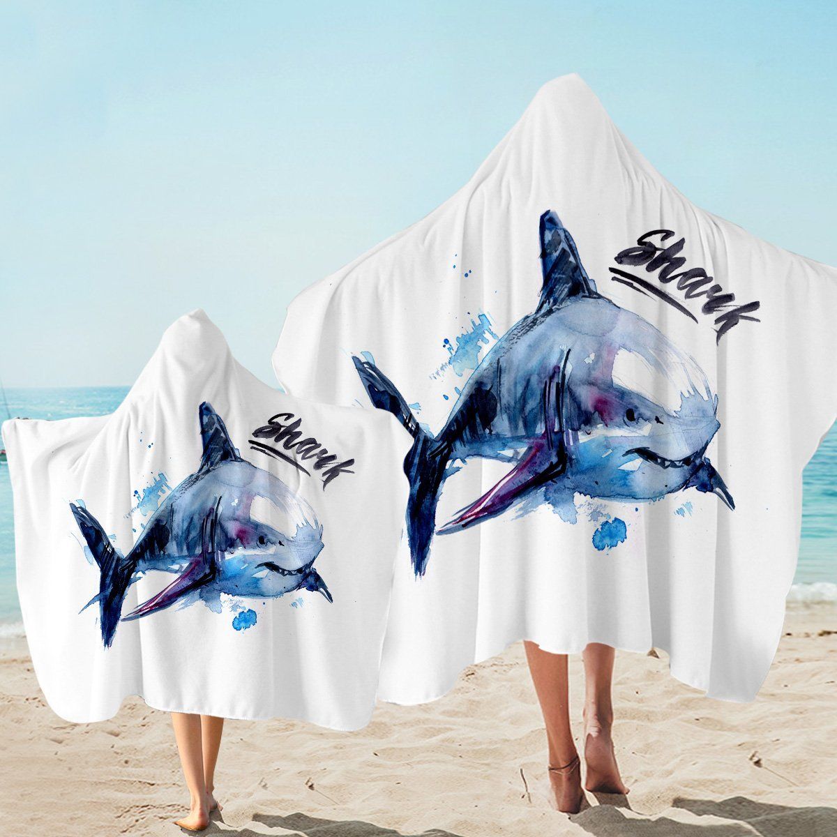 Painted Shark On White Pattern Printed Hooded Towel