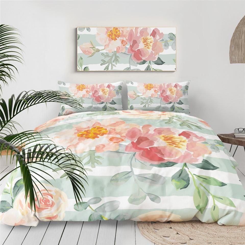 Painting Flowers Stripes Bedding Set