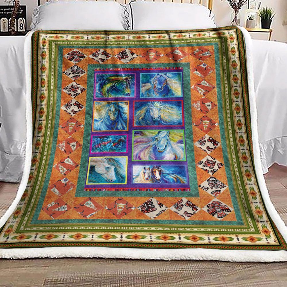 Painting Horse Native American Sherpa Fleece Blanket