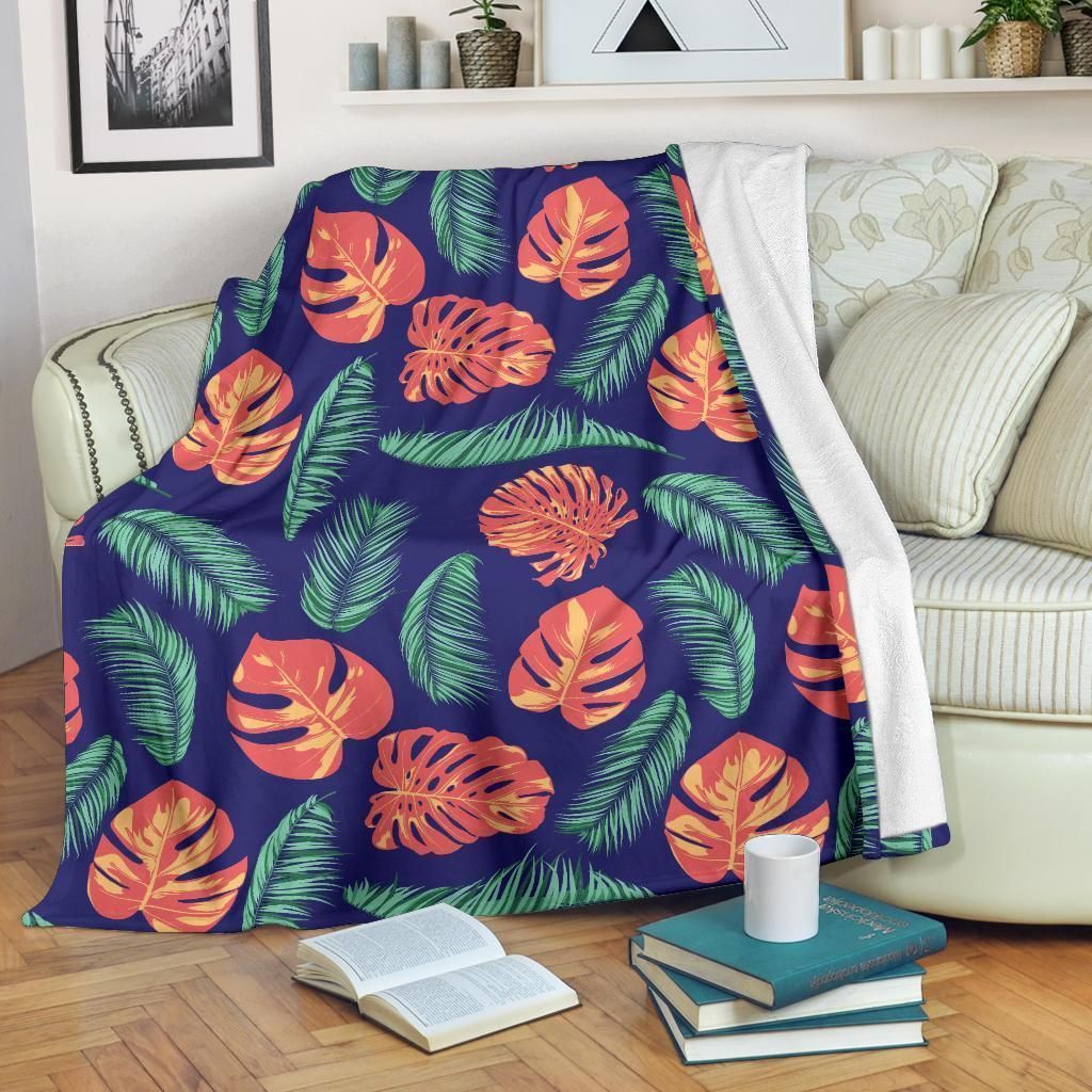 Palm Leaves Pattern Print Design Blue Fleece Blanket