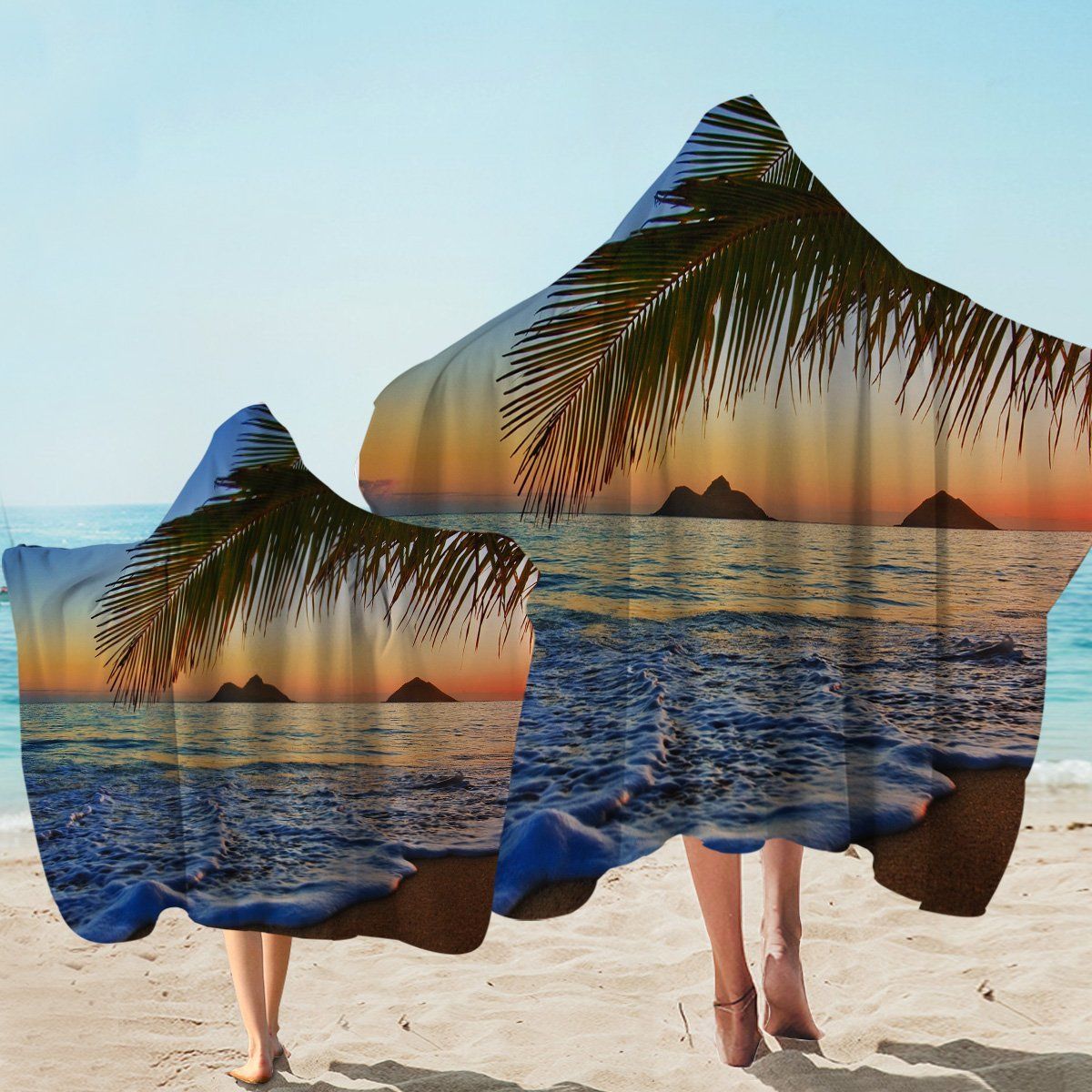 Palm Tree On Beach At Dawn Printed Hooded Towel