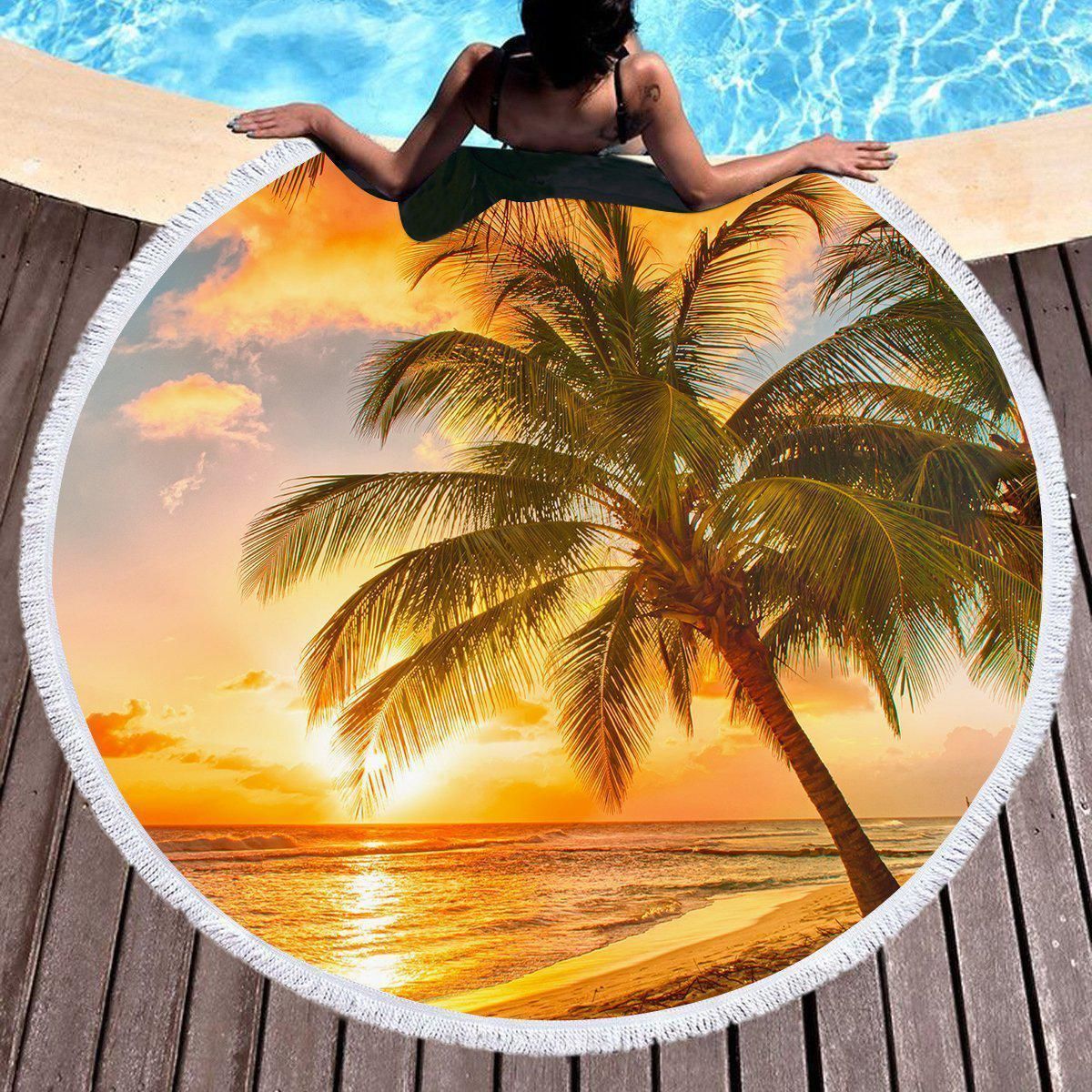 Palm Tree On Beach At Dawn Printed Round Beach Towel
