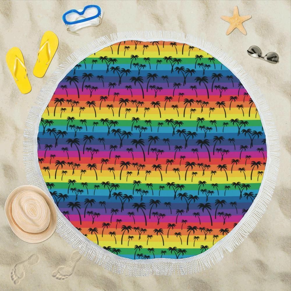 Palm Tree Rainbow Themed Printed Round Beach Towel