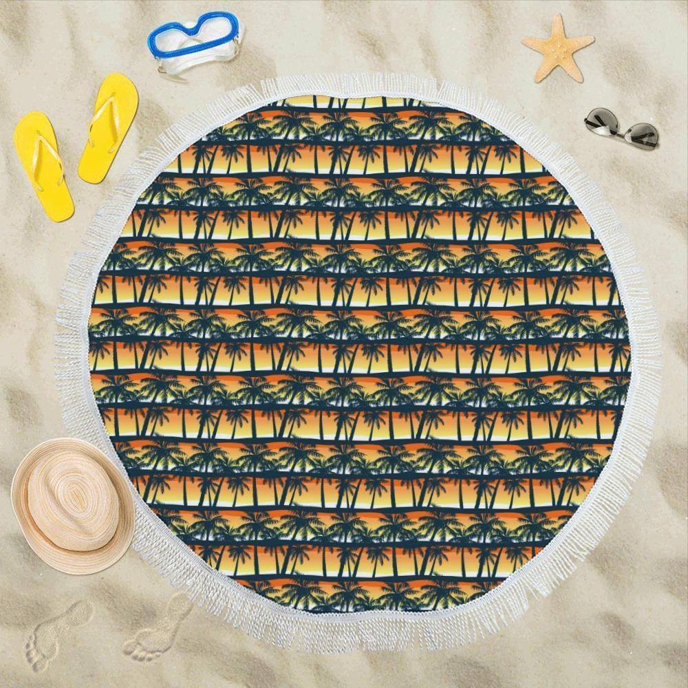Palm Tree Sunset Design Pattern Printed Round Beach Towel