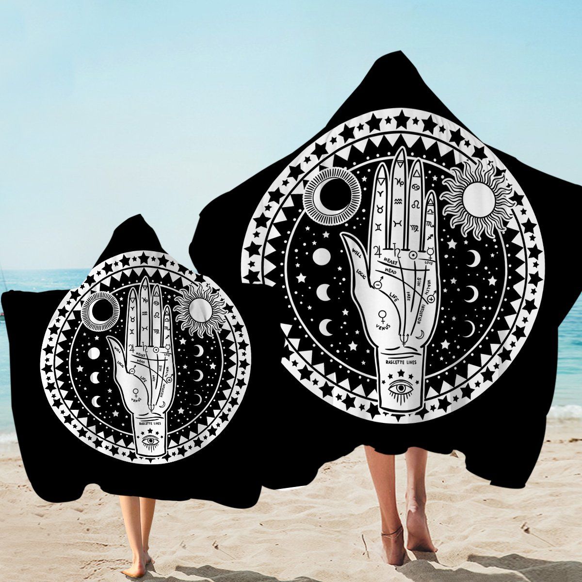 Palmistry Black And White Printed Hooded Towel