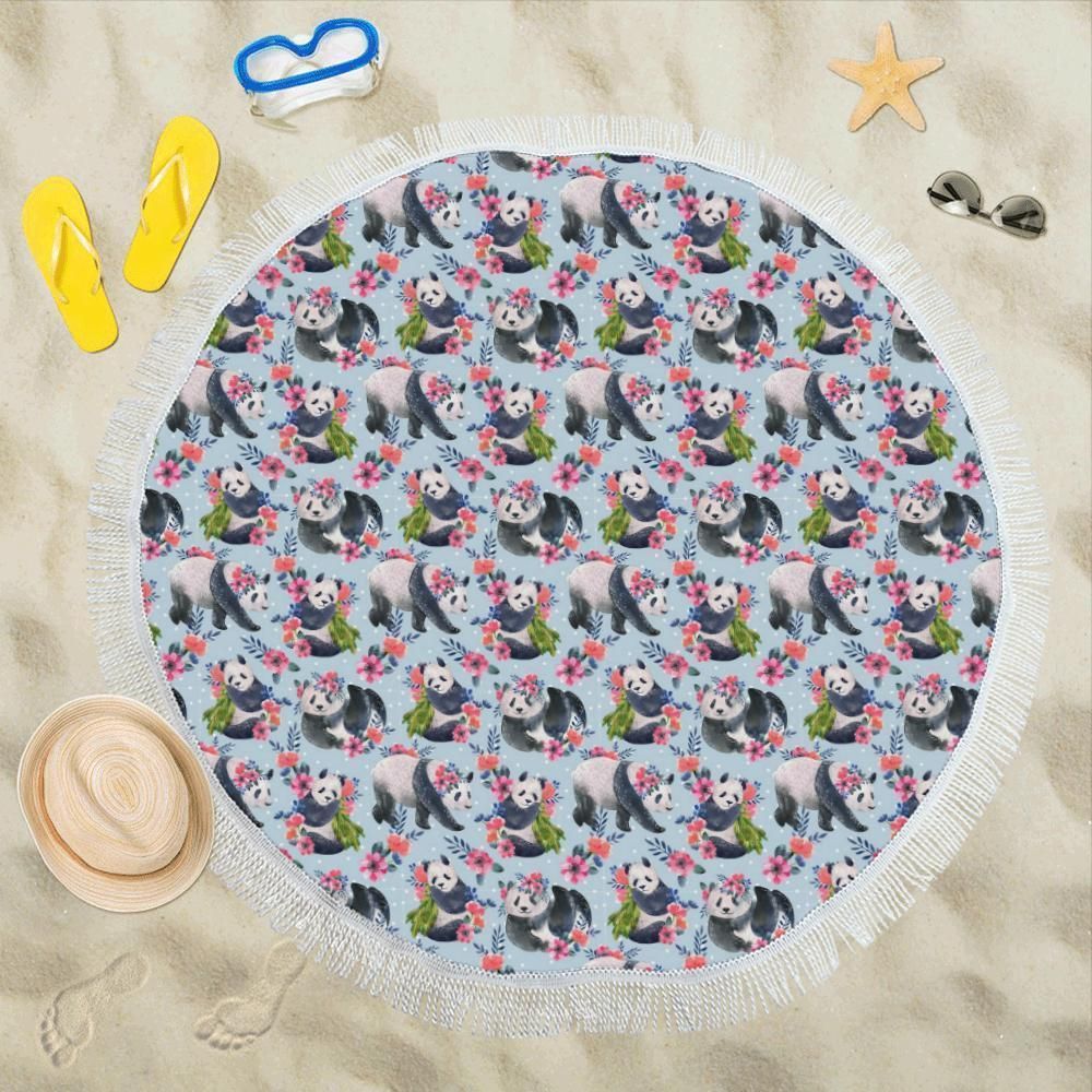 Panda Bear Flower Design Themed Printed Round Beach Towel