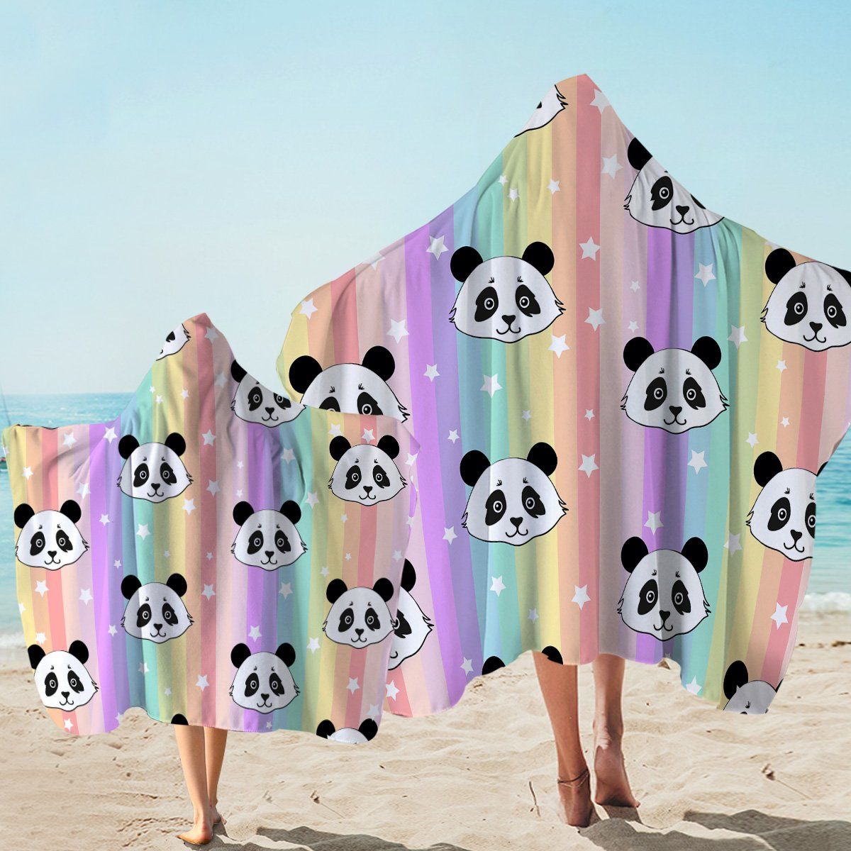 Panda Faces Colorful Rainbow Stripes Printed Hooded Towel