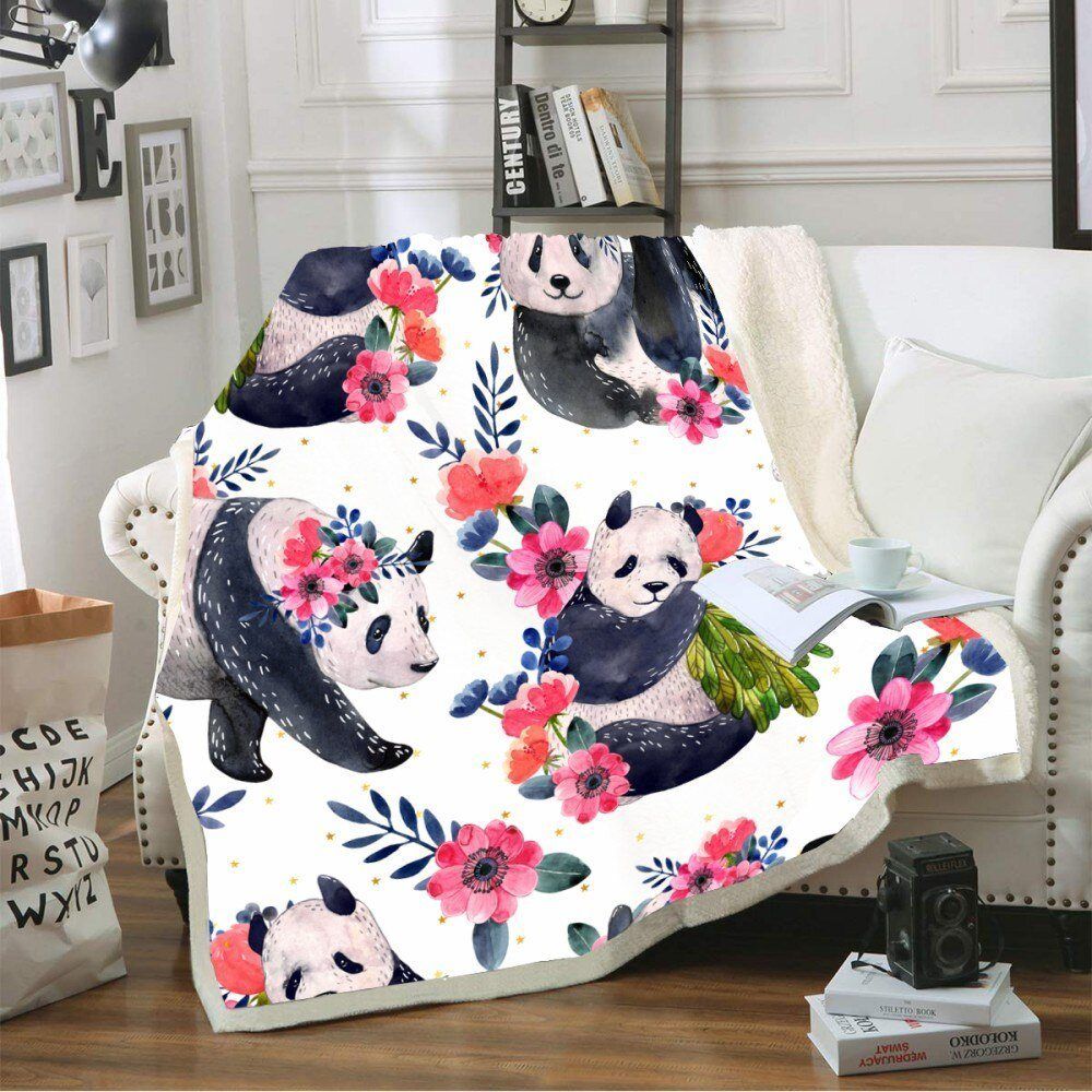 Panda Flowers Leaves Sherpa Fleece Blanket