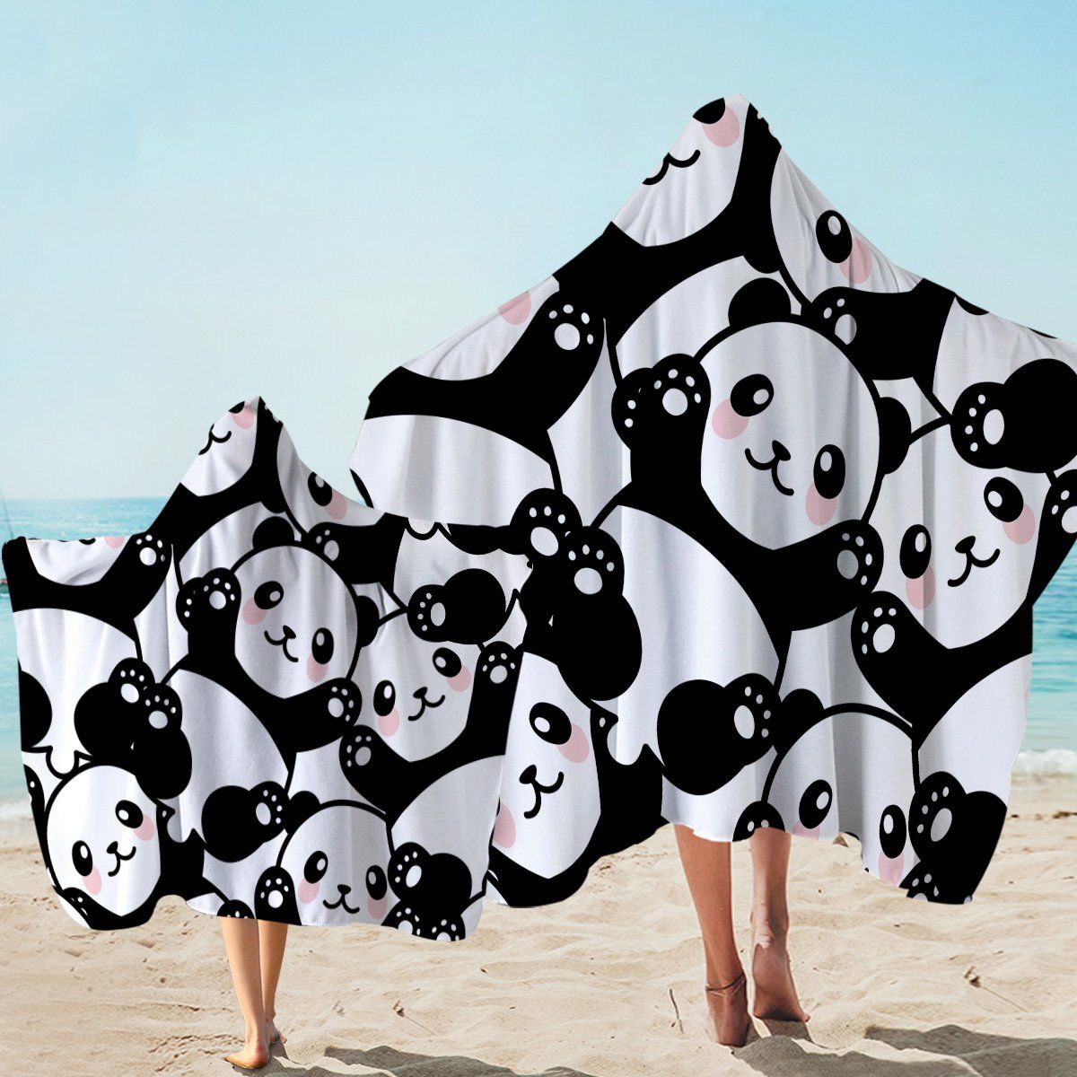 Panda Paw Prints Black And White Printed Hooded Towel