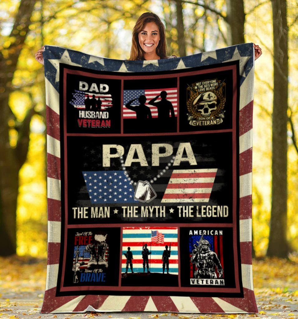 Papa The Man The Myth The Legend American Us Flag Veteran Sherpa Fleece Blanket