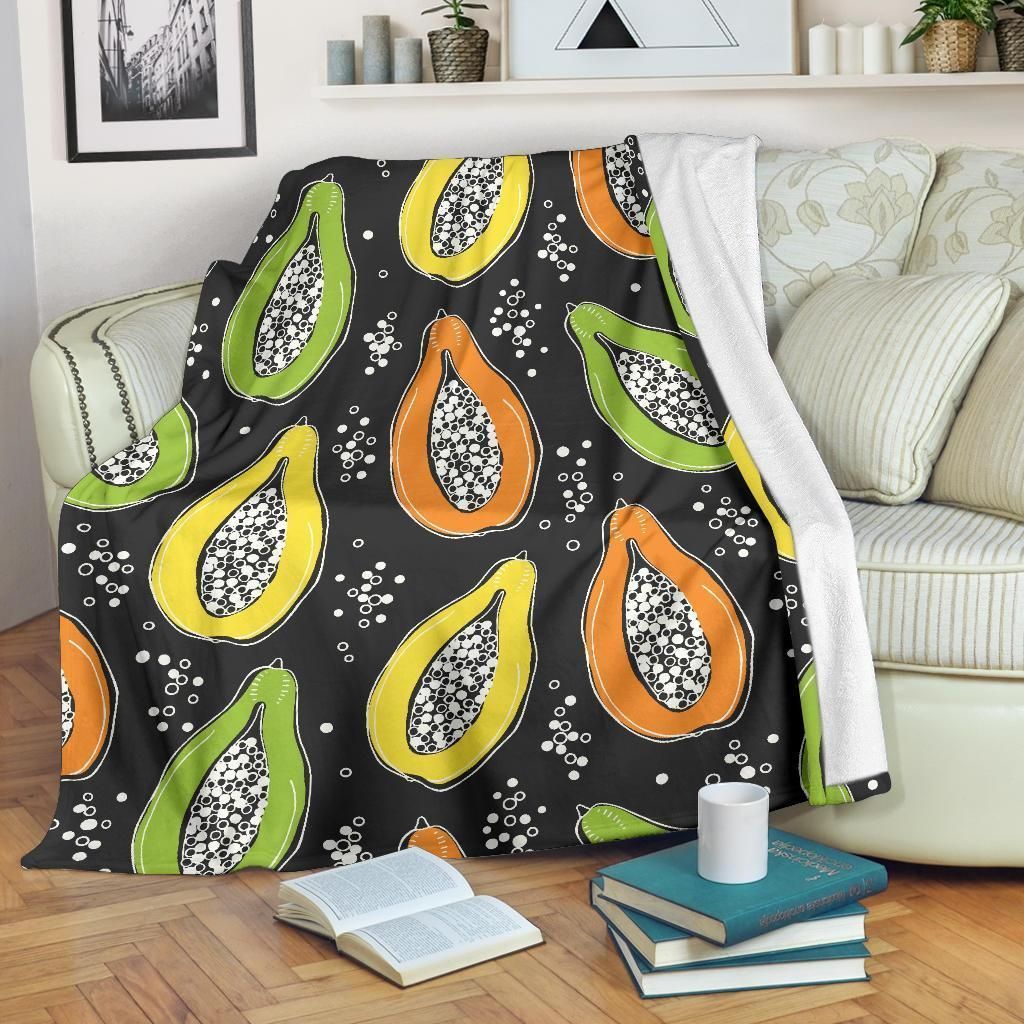 Papaya Pattern Print Design Black Fleece Blanket