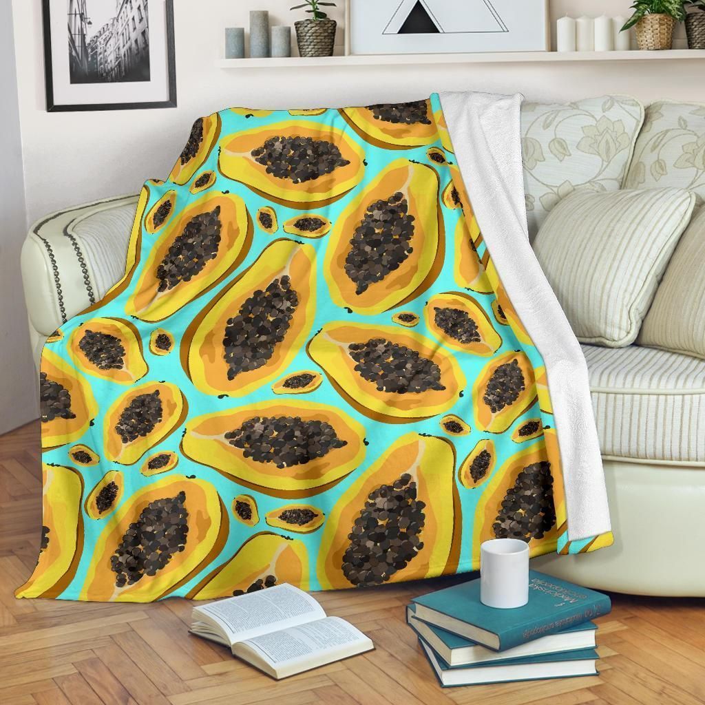 Papaya Pattern Print Design Bright Blue Fleece Blanket