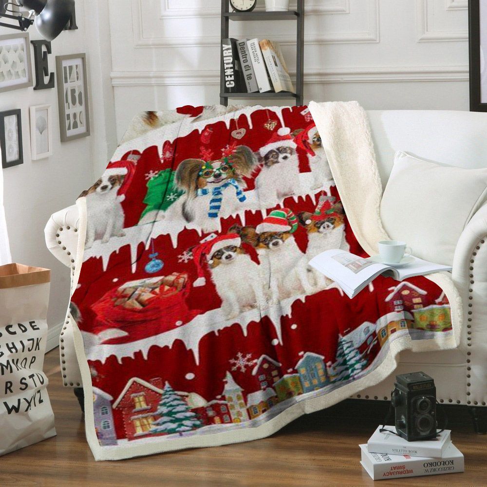 Papillon Snow Christmas Sherpa Fleece Blanket