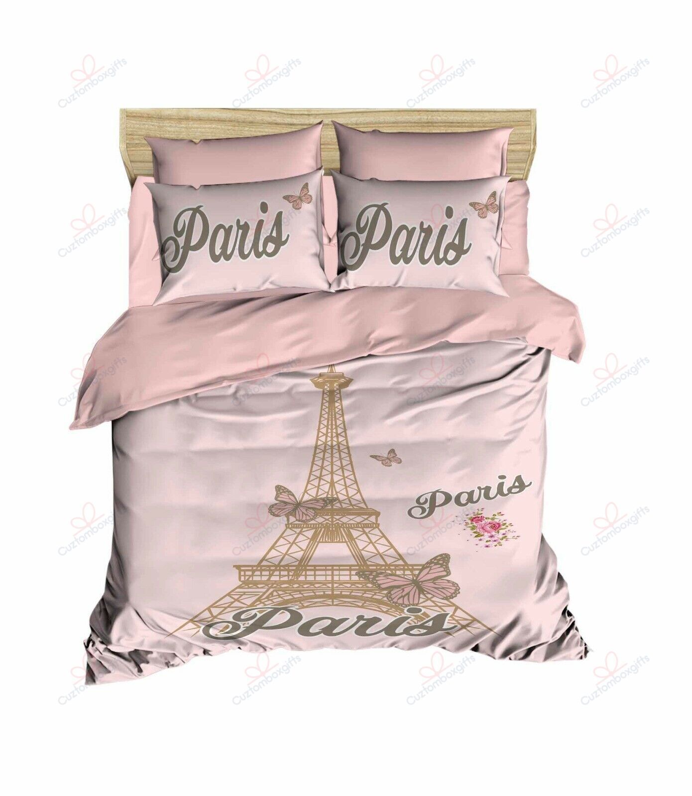 Paris Eiffel Tower Pink Flower And Butterfly Bedding Set