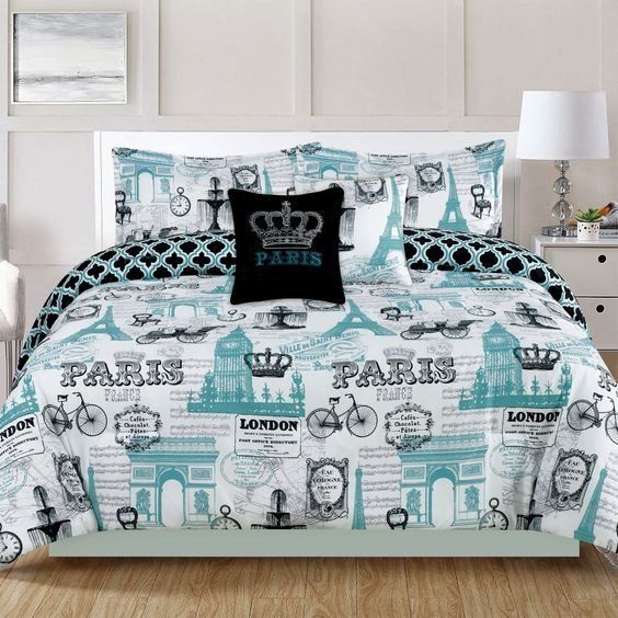 Paris London Cotton Bed Sheets Spread Comforter Bedding Set