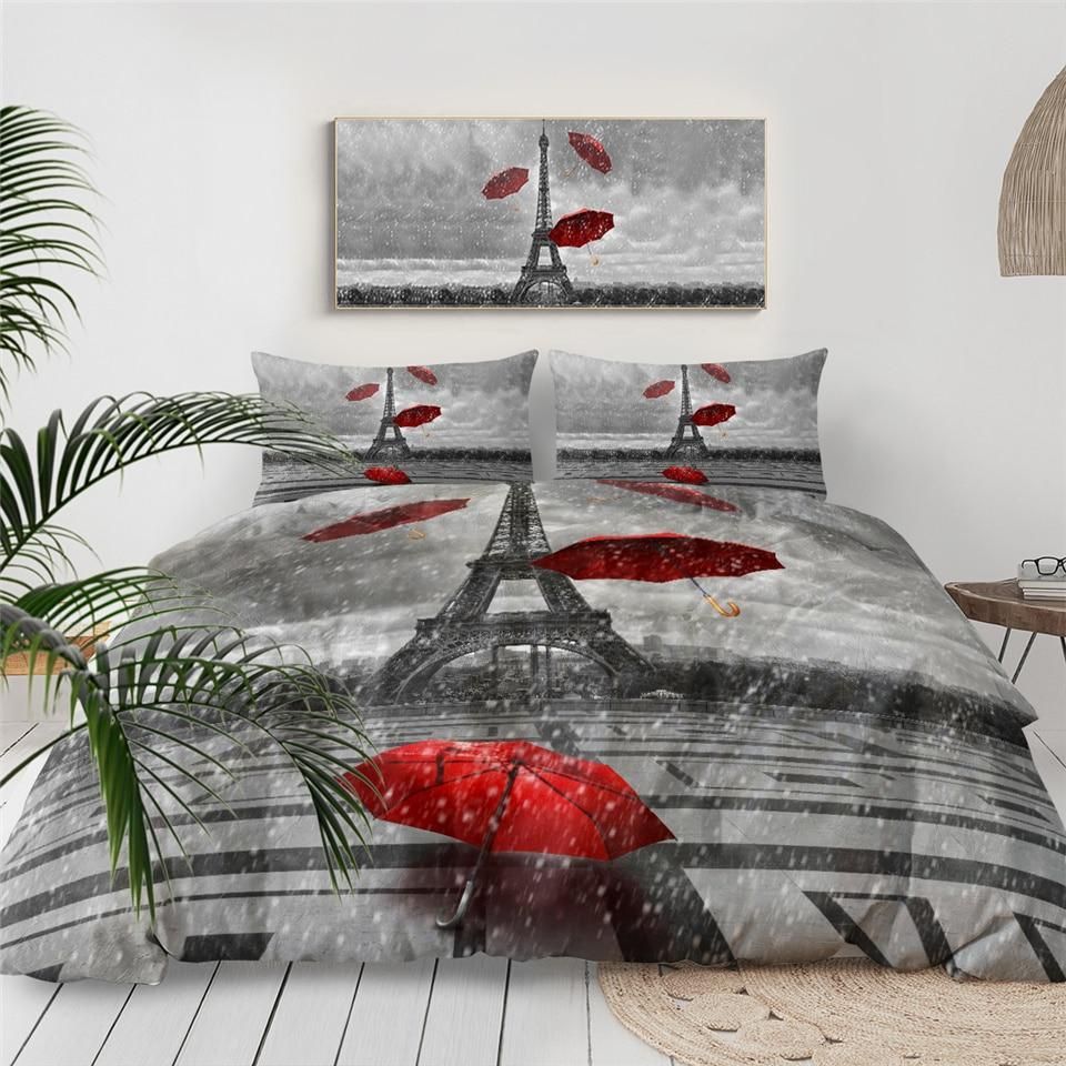Paris Tower Red Umbrella Flying Bedding Set