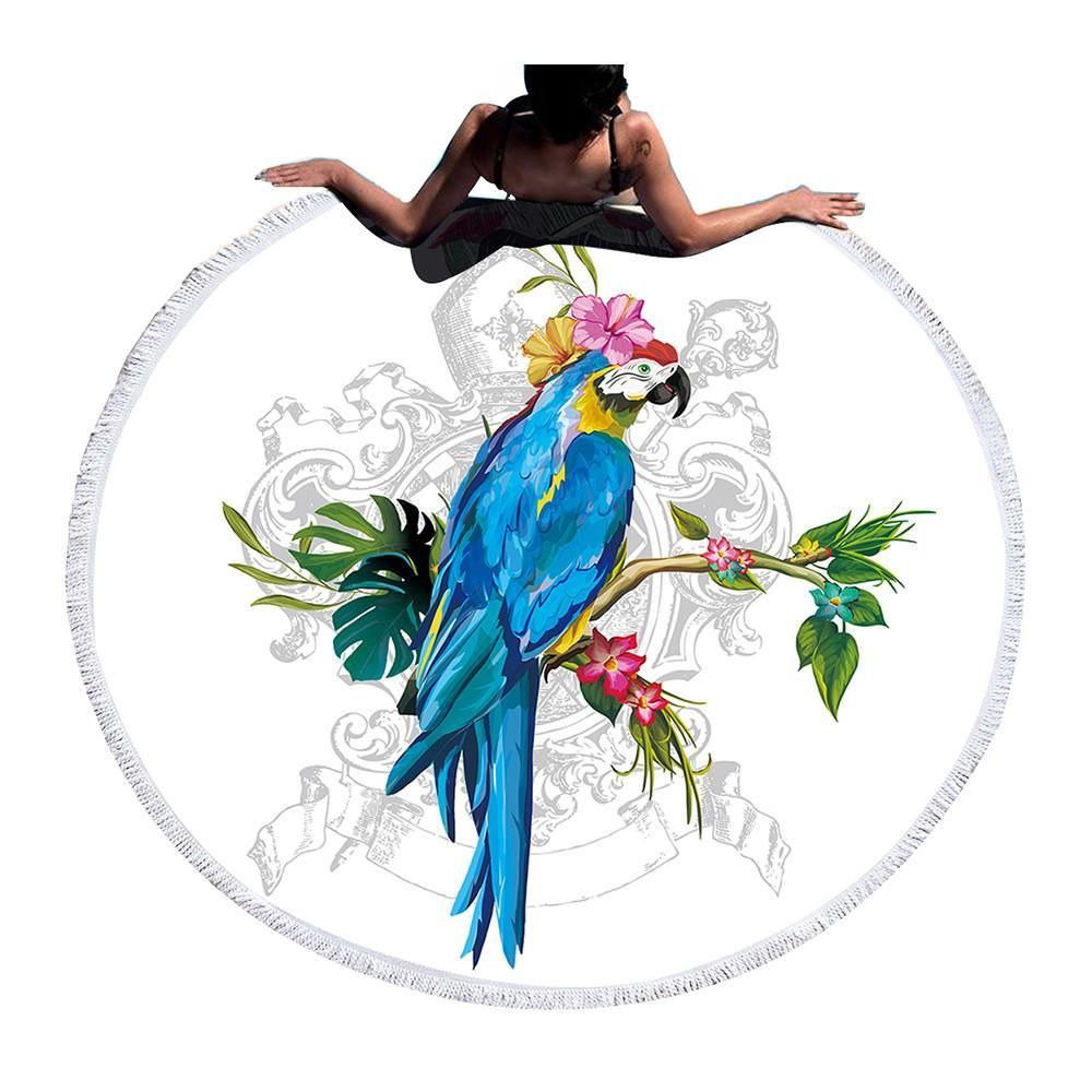 Parrot Perched On Branch Tree Printed Round Beach Towel