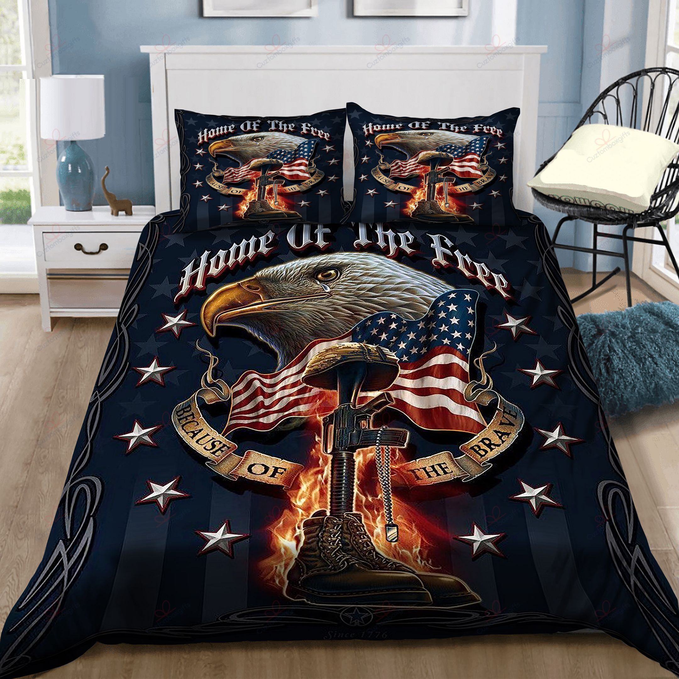 Patriotic USA Flag Military Soldier Firefighter Police Home Of The Free Bedding Set