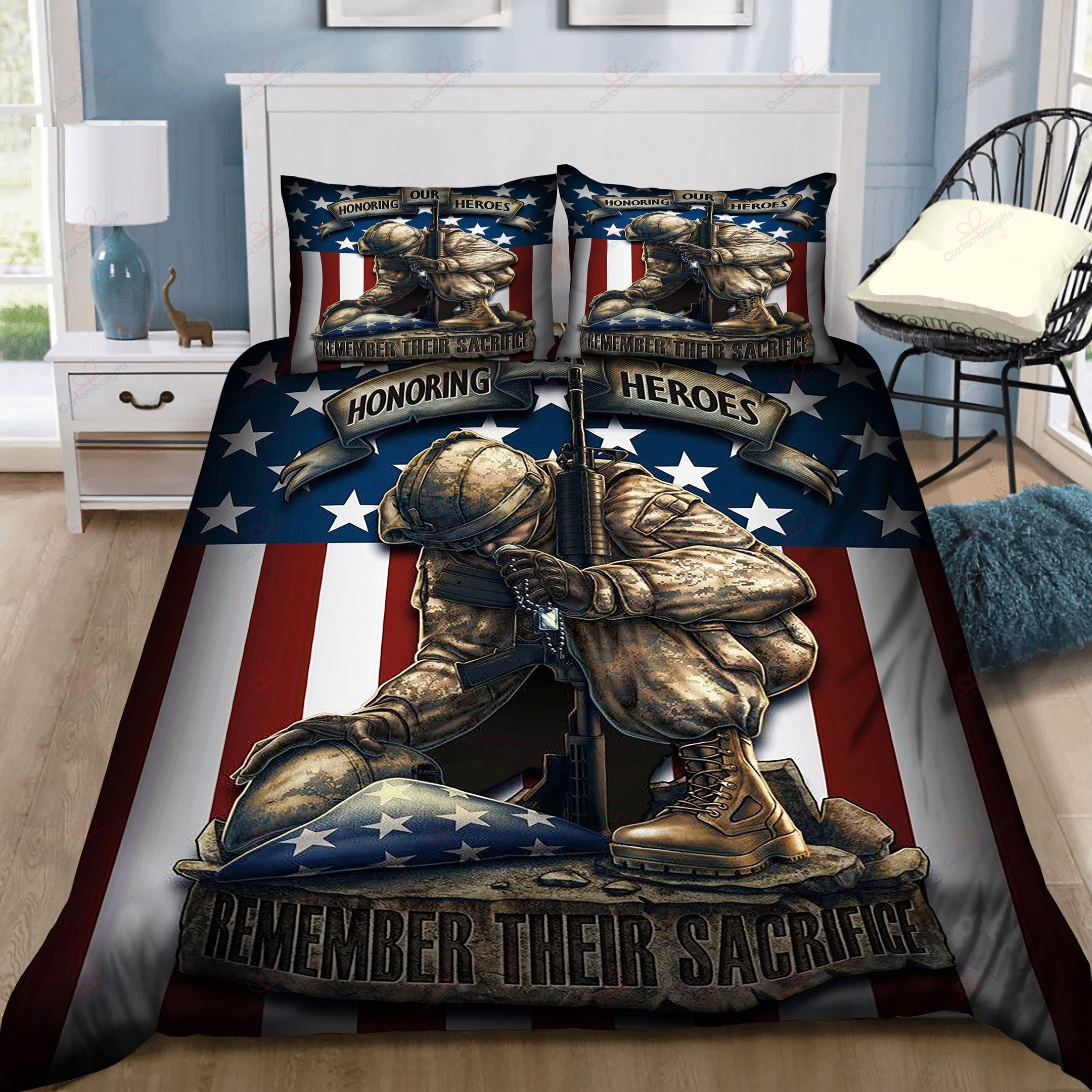 Patriotic USA Flag Military Soldier Firefighter Police Honoring Our Heroes Remember Their Sacrifice Bedding Set