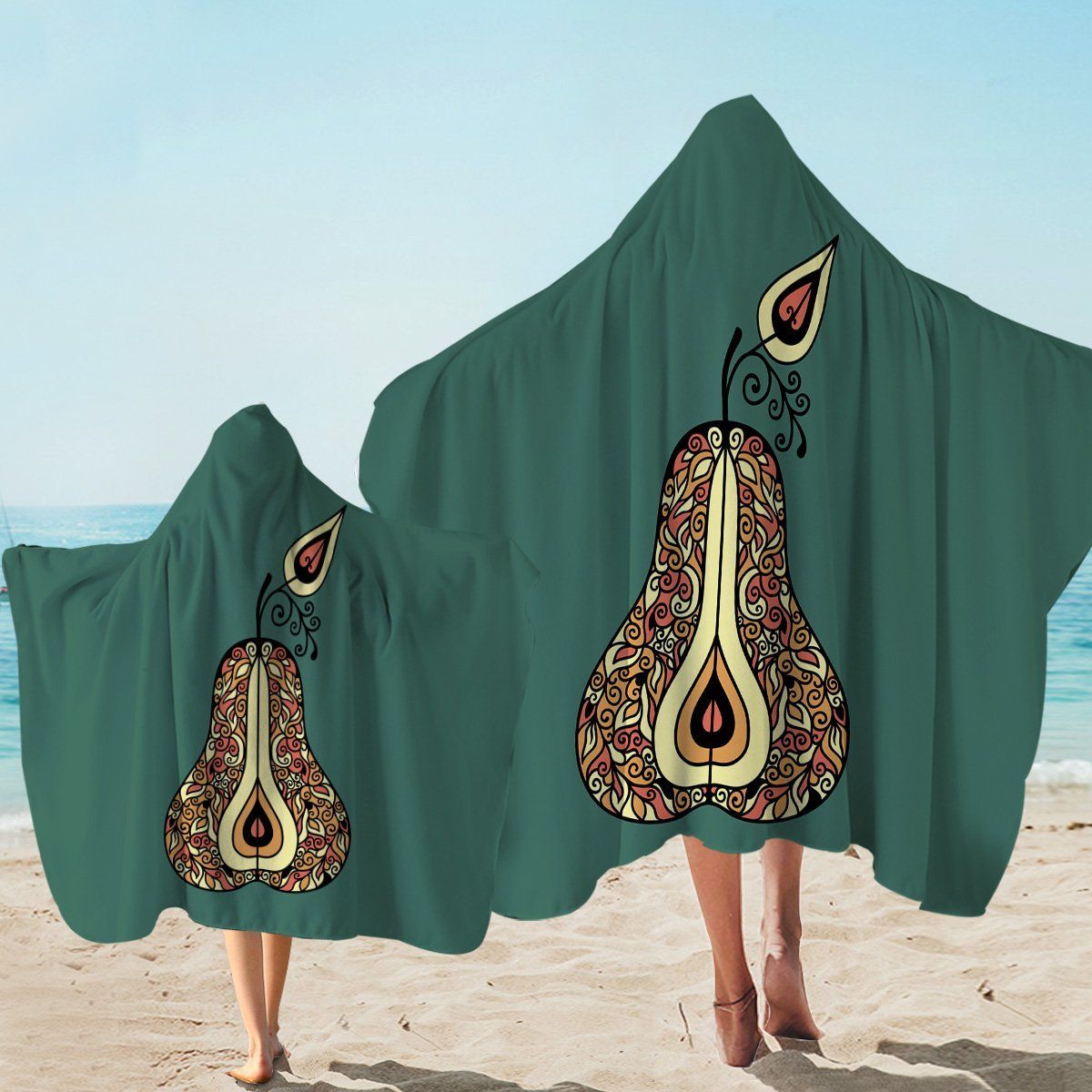 Patterned Pear Teal Background Printed Hooded Towel
