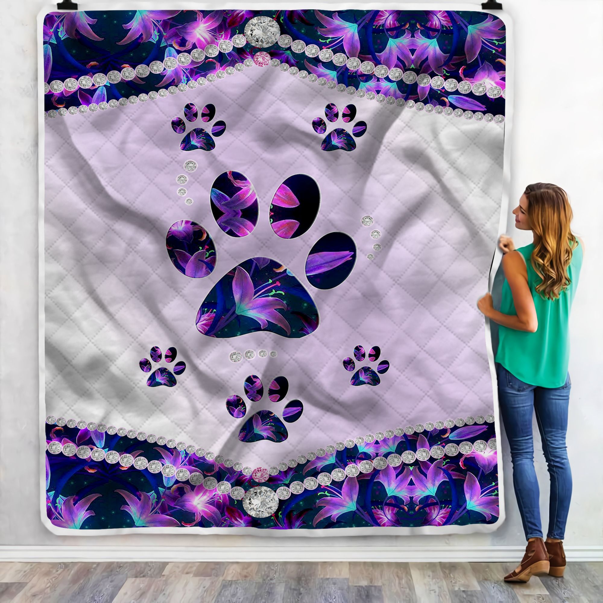 Paw Gemstone And Flower Fleece Blanket