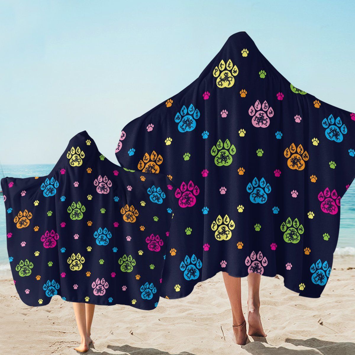 Paw Print Patterns Dark Blue Printed Hooded Towel