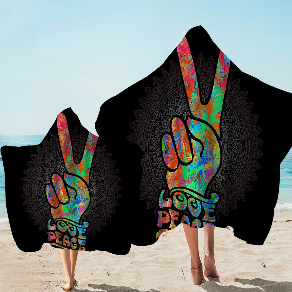 Peace And Love Hand Sign Mandala Printed Hooded Towel
