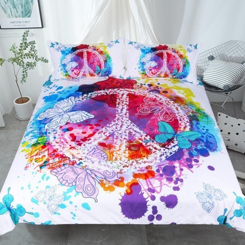Peace And Love Watercolor Butterfly Printed Bedding Set