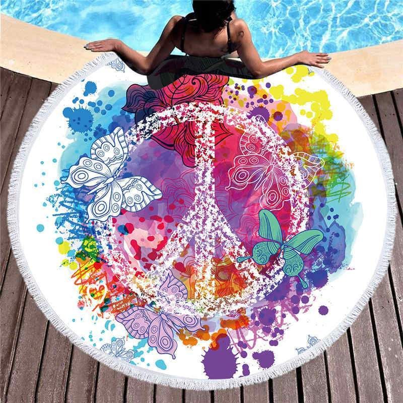 Peace Butterfly Colorful Backdrop Printed Round Beach Towel