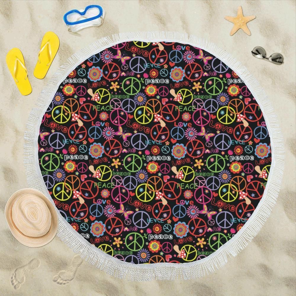 Peace Sign Colorful Design Print Round Beach Towel
