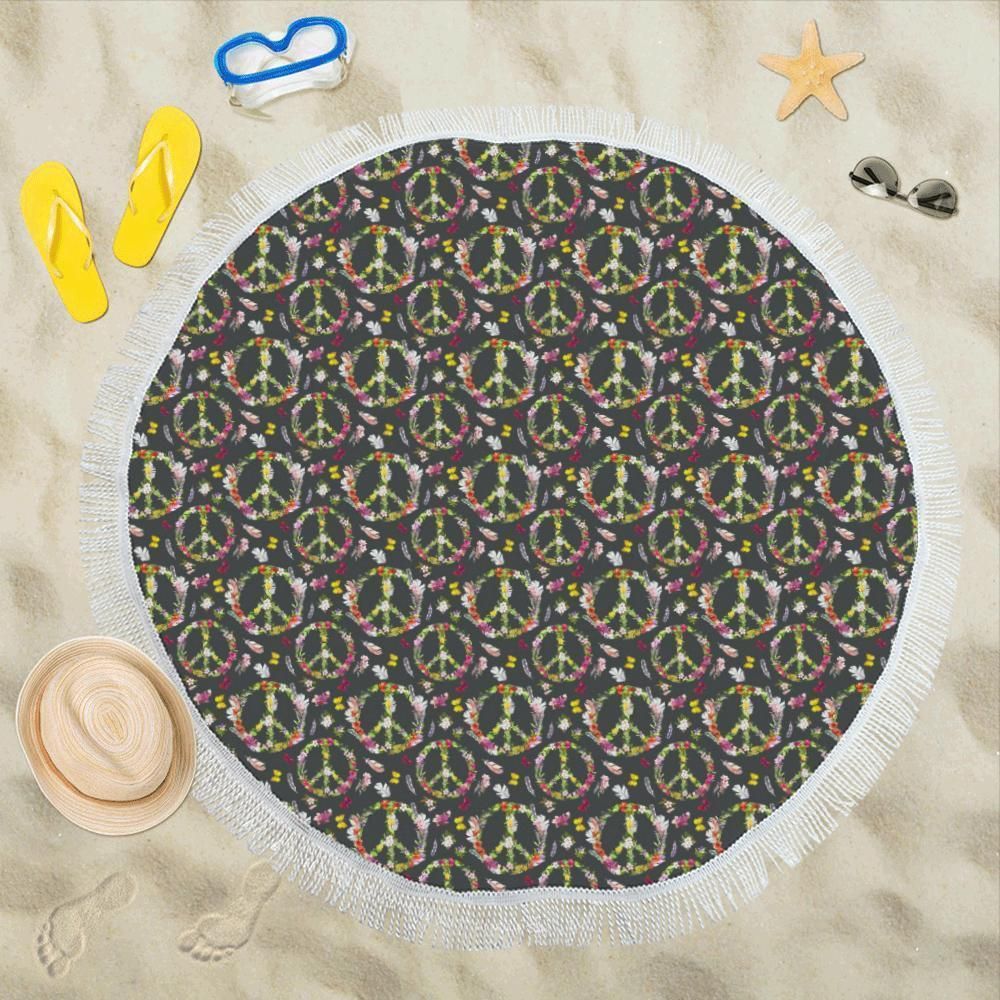 Peace Sign Flowers Design Print Round Beach Towel