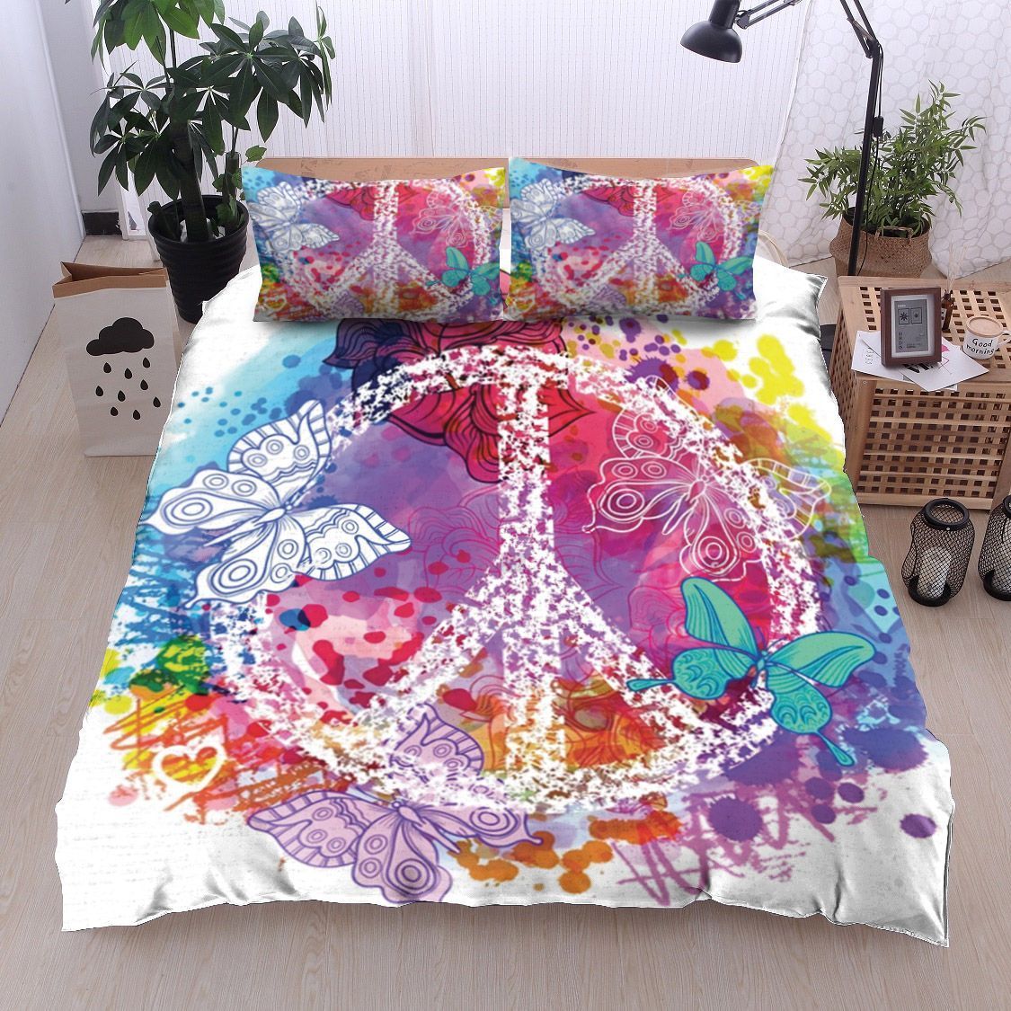 Peace Sign Hippie Watercolor Butterfly Bedding Set