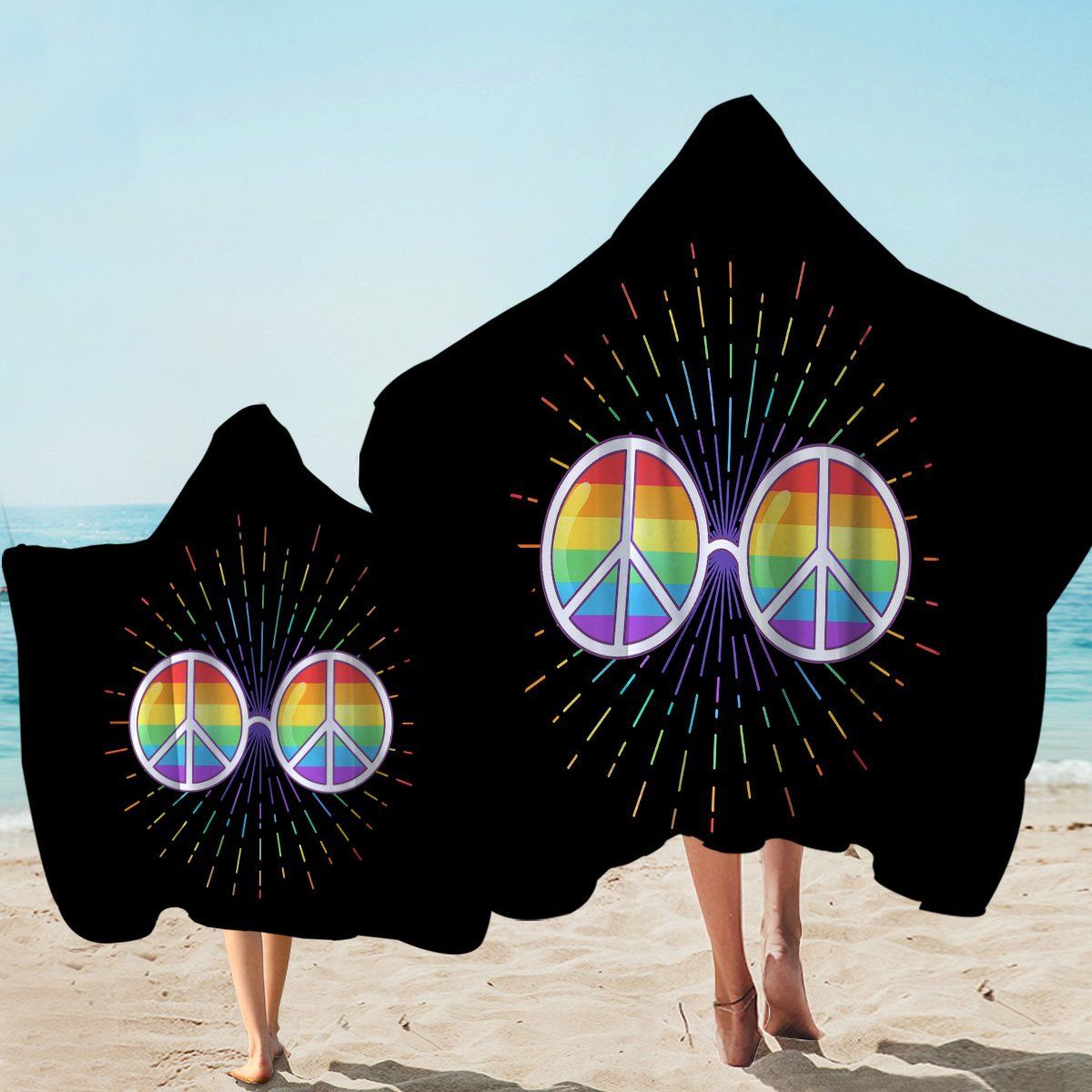 Peace Sign Sunglasses Black Printed Hooded Towel