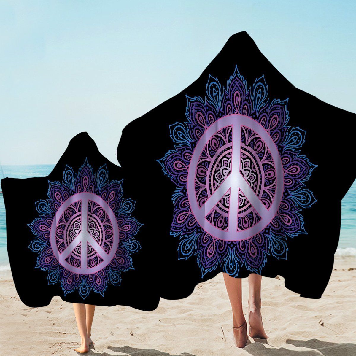 Peace Sign With Purple Mandala Black Printed Hooded Towel