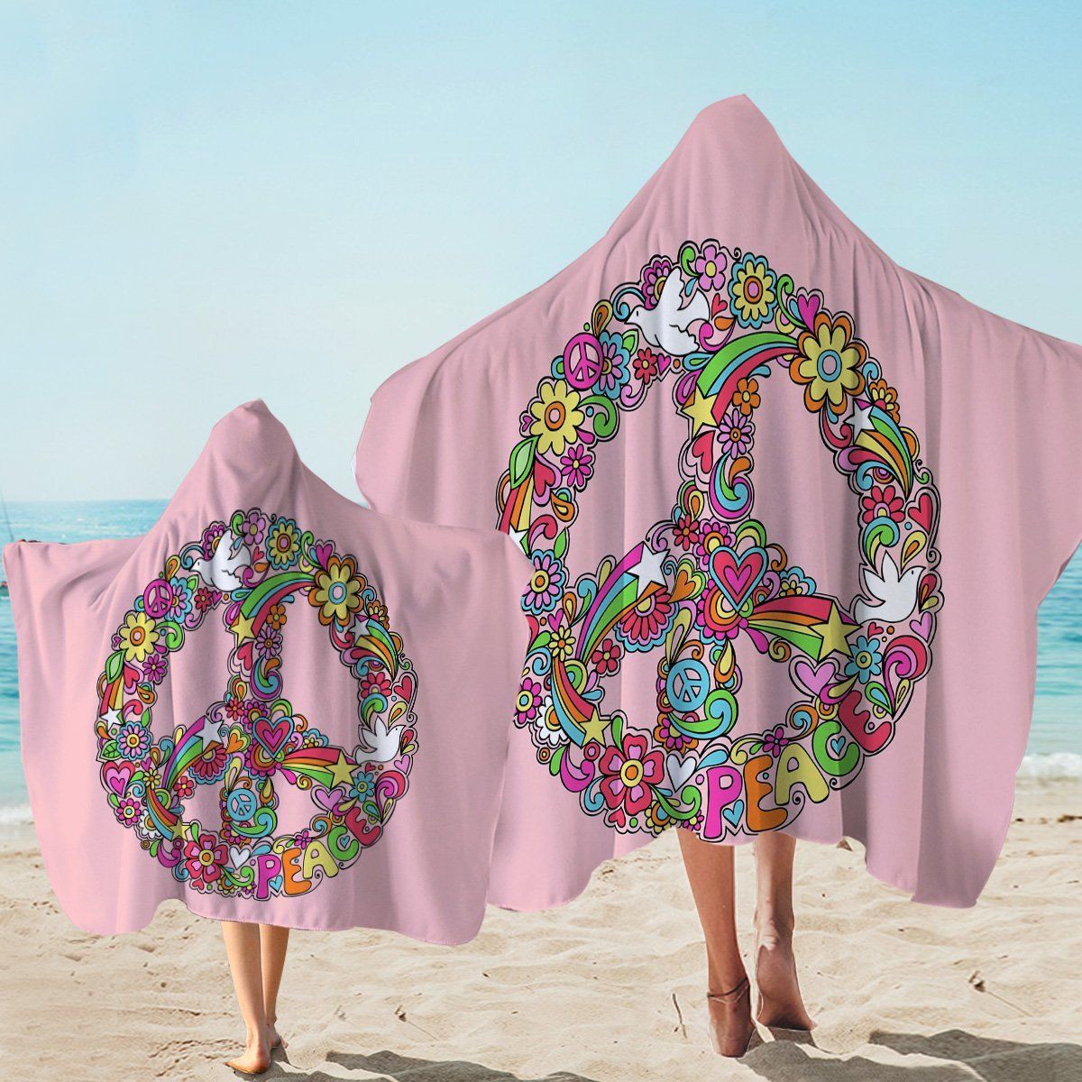 Peace Sign Wreath Pink Printed Hooded Towel