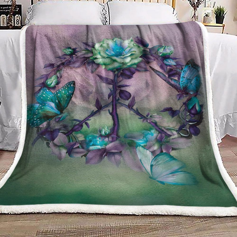Peace Symbols Flower Butterfly Sherpa Fleece Blanket