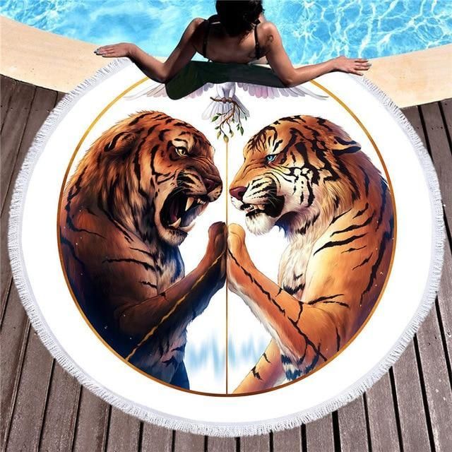Peace Tiger And Dove Printed Round Beach Towel