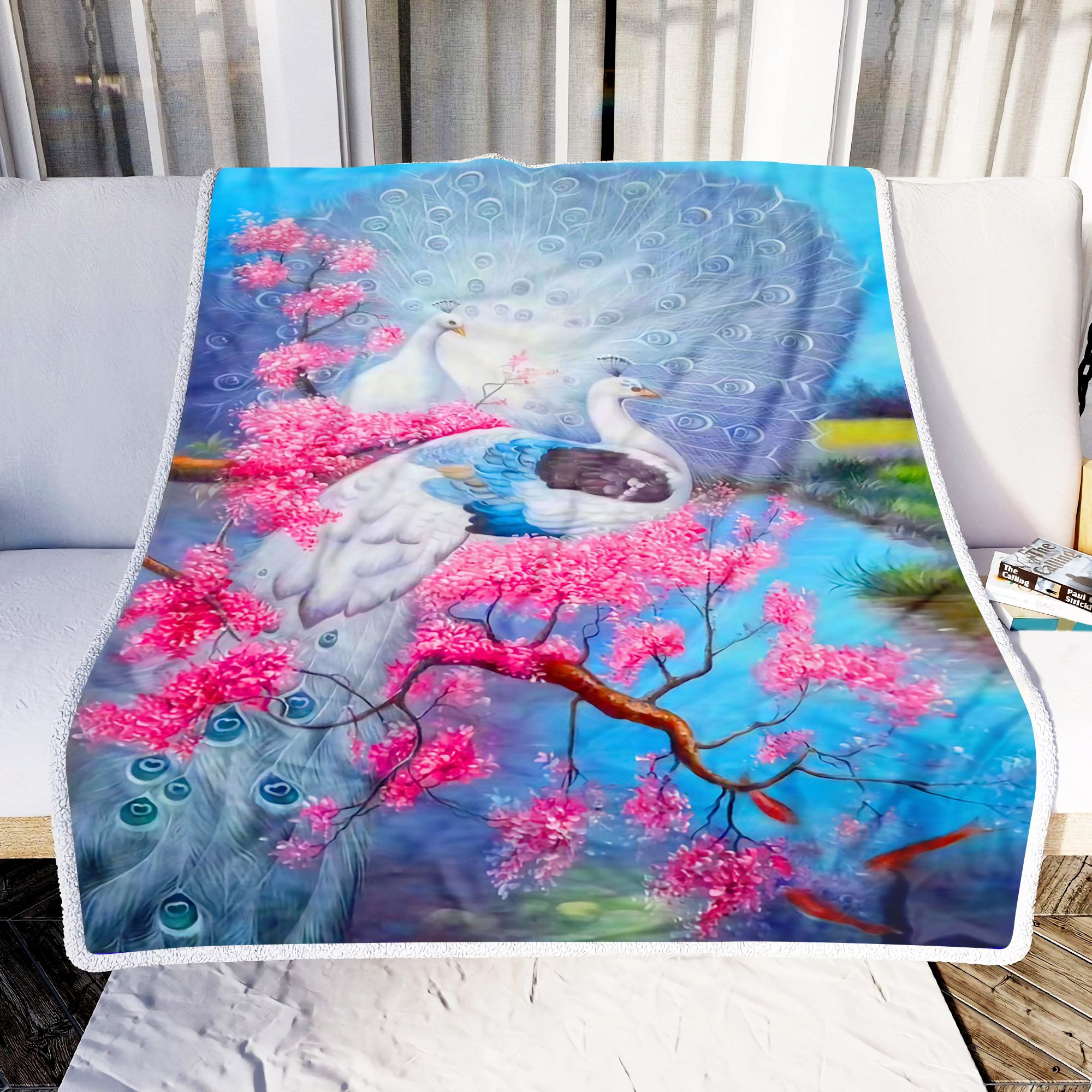 Peacock And Cherry Blossom Fleece Blanket