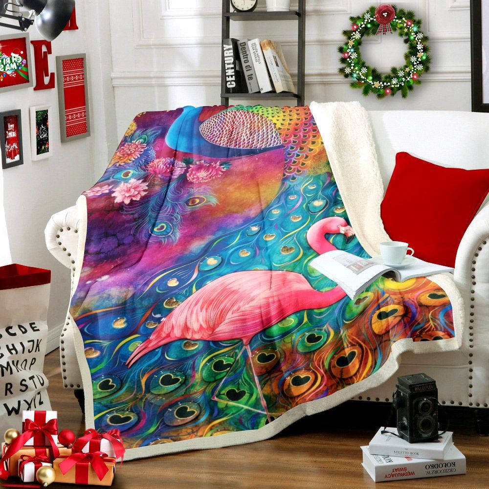 Peacock And Flamingo Sherpa Fleece Blanket