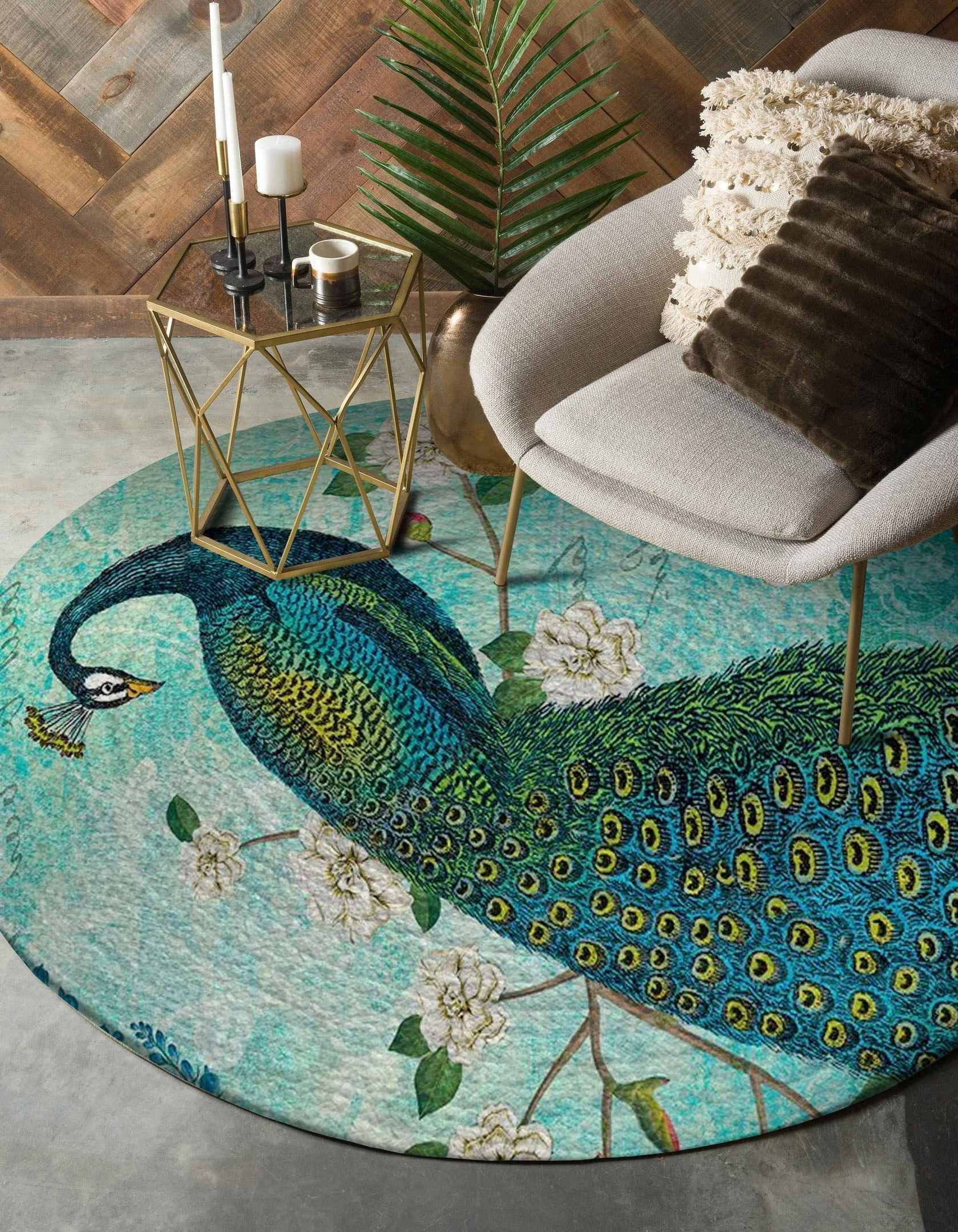 Peacock And Flowers Round Carpet