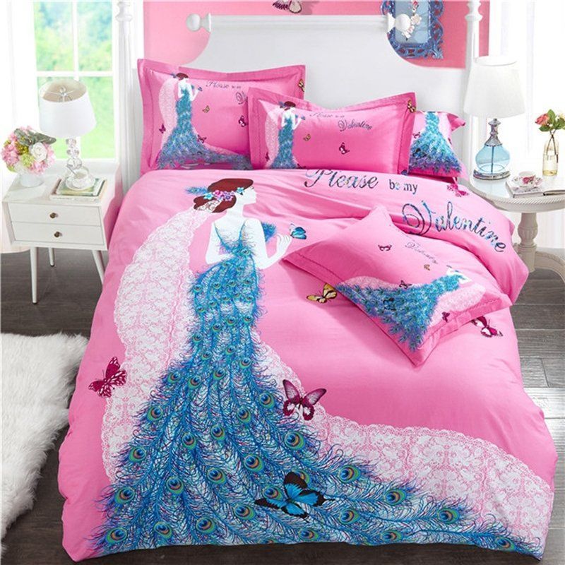 Peacock Blue Rose Pink And White Butterfly Princess Cute Style Modern Girls Bedding Set