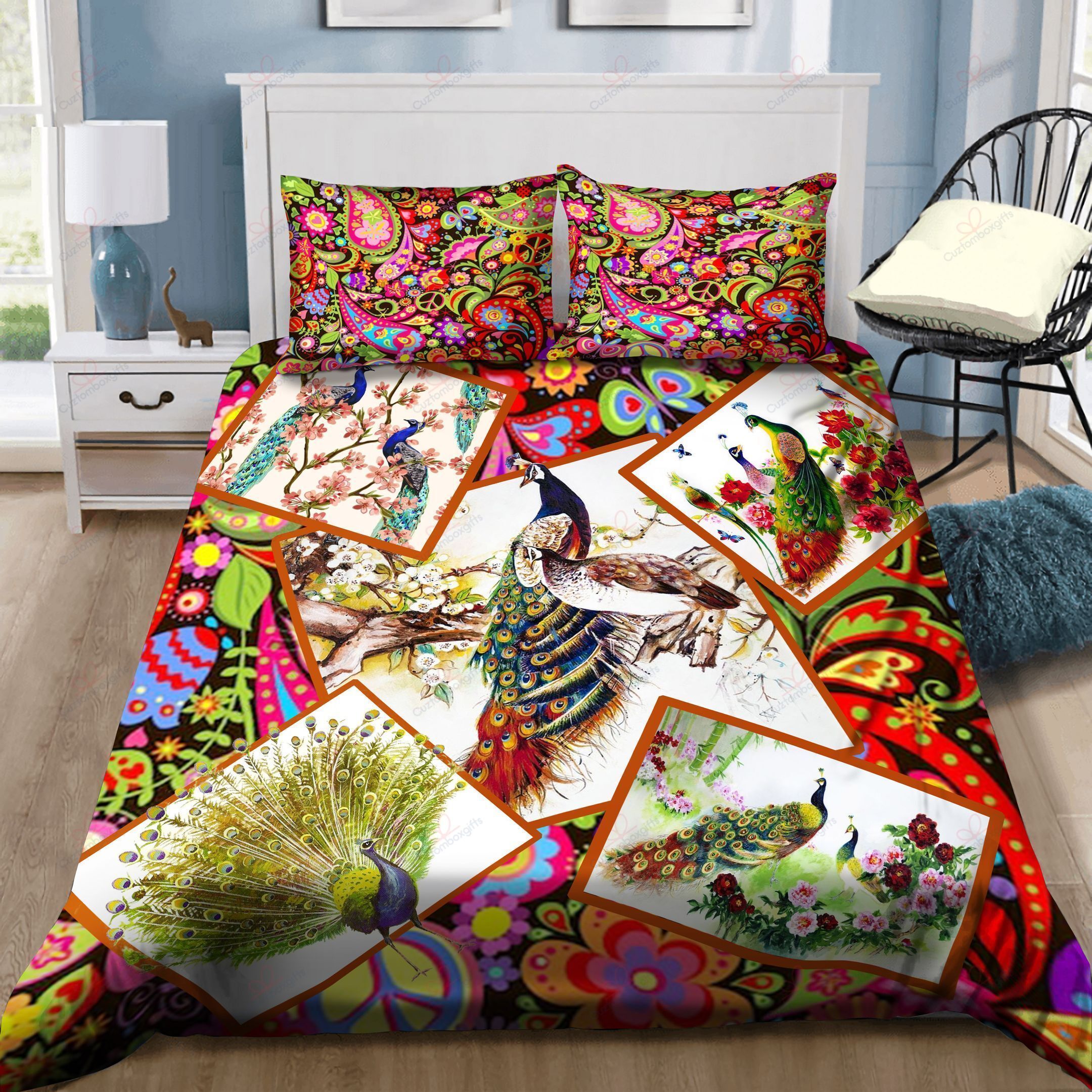 Peacock Colorful Flower Printed Bedding Set