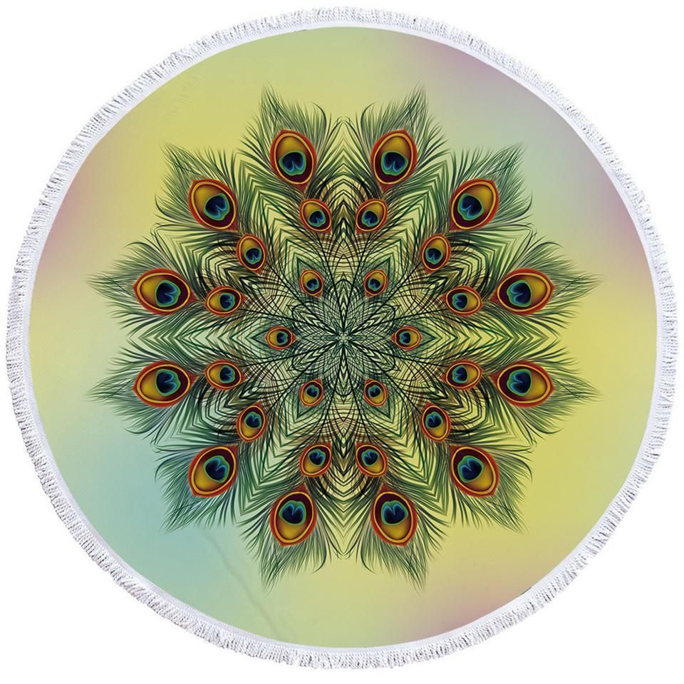 Peacock Feather Adorned Printed Round Beach Towel