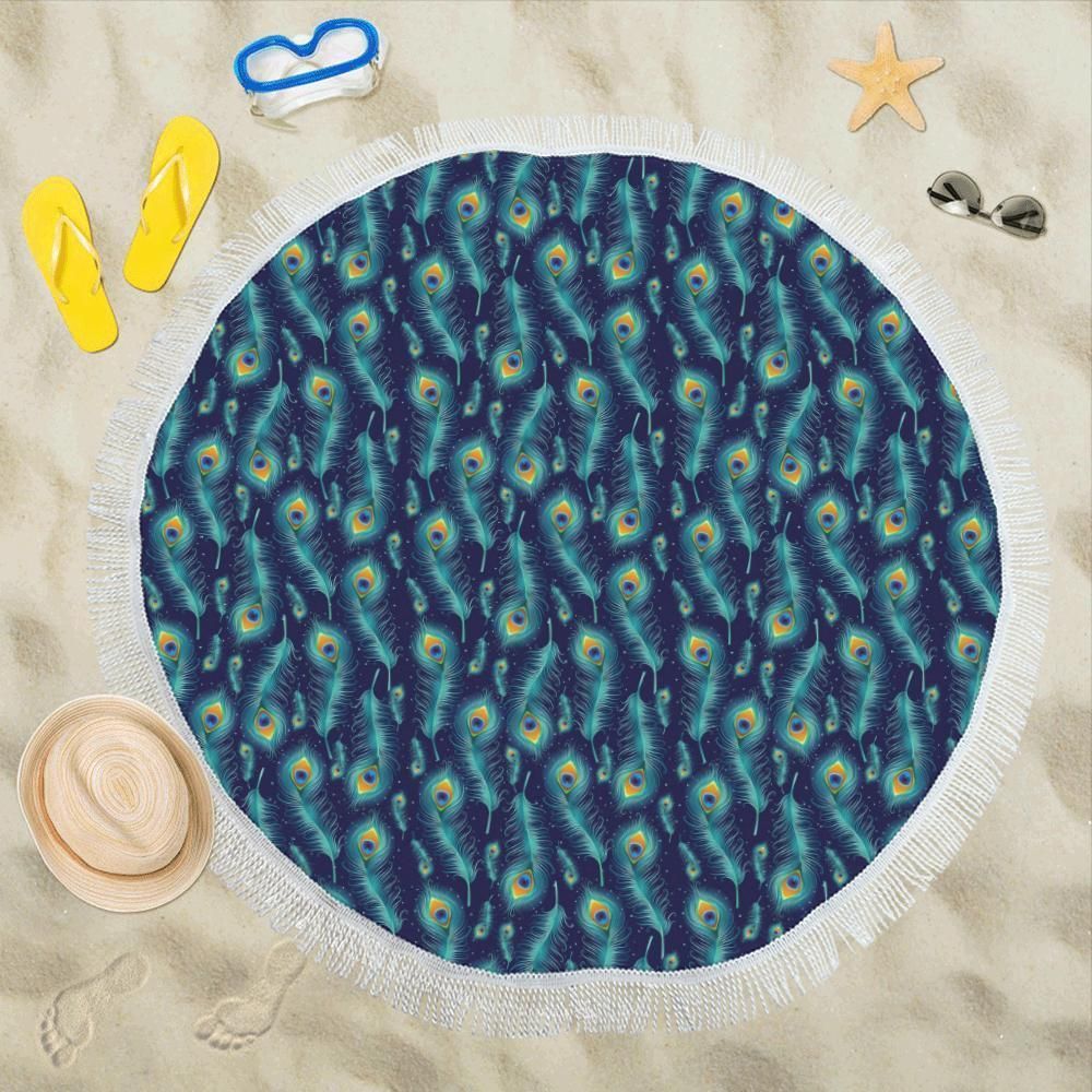 Peacock Feather Blue Design Printed Round Beach Towel