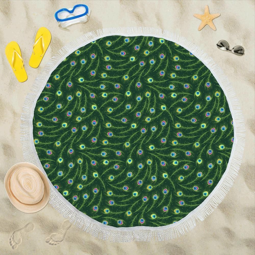 Peacock Feather Green Design Printed Round Beach Towel