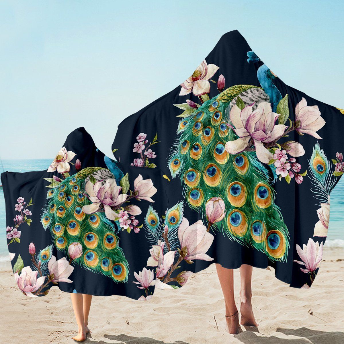 Peacock Grace With Flowers Printed Hooded Towel